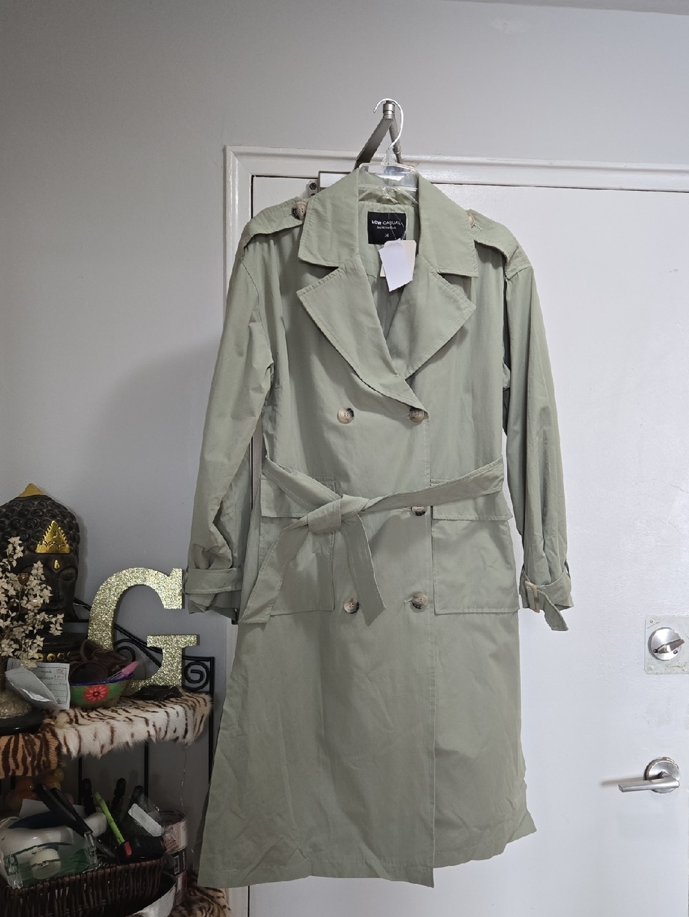 Light Sage Double-Breasted Trench Coat with Belt - Unbranded